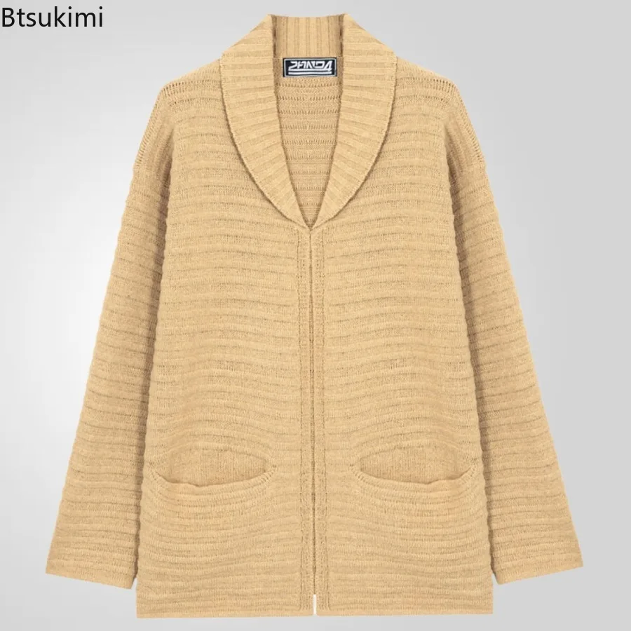 2025 Autumn Winter New Men's Solid Knitted Cardigans Sweater Coats Middle Length Casual Pockets Sweater Jackets Male Streetwear