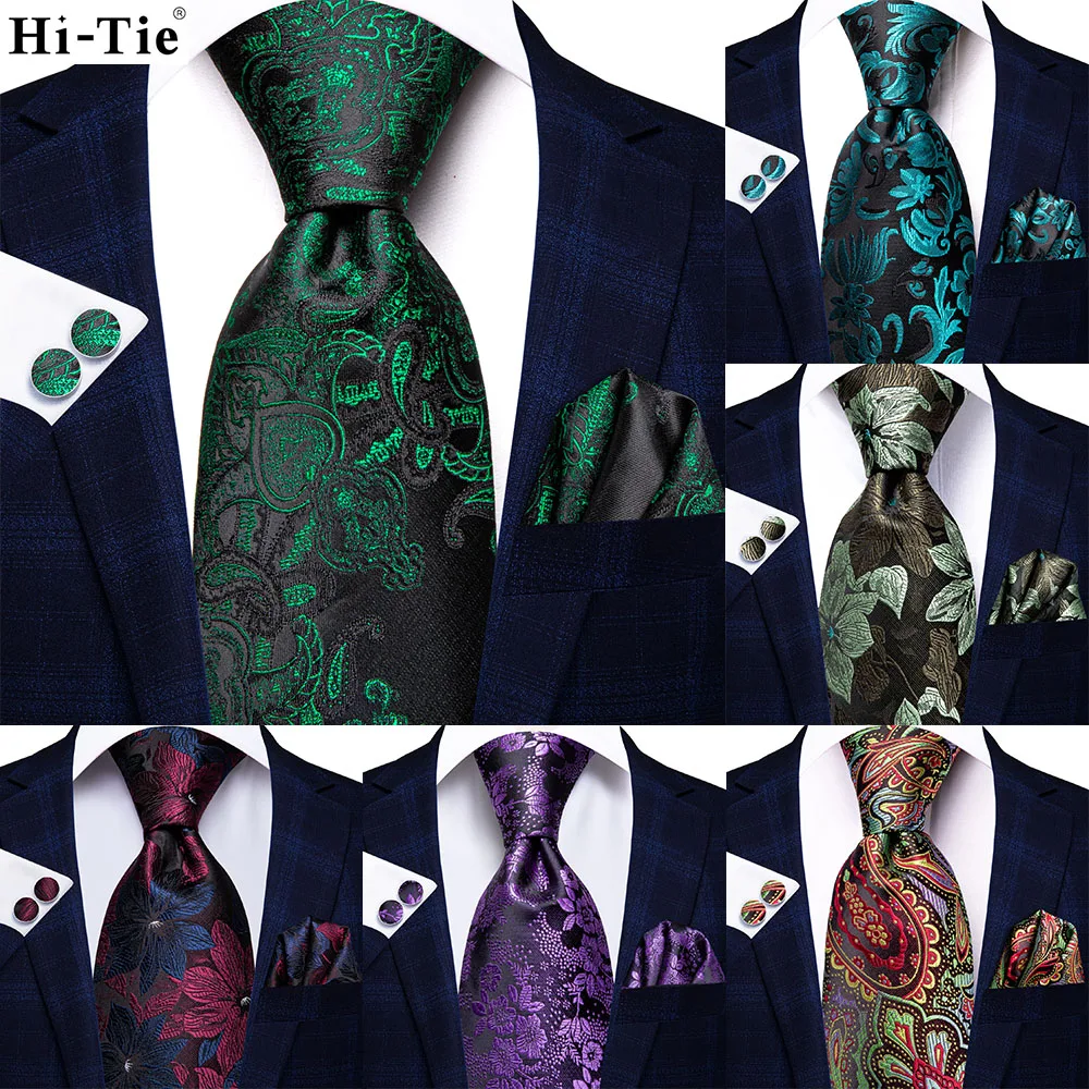 

Silk Elegent Tie For Men Black Green Floral Handky Cufflink Gift Men Necktie Fashion Business Party Dropship Hi-Tie Designer