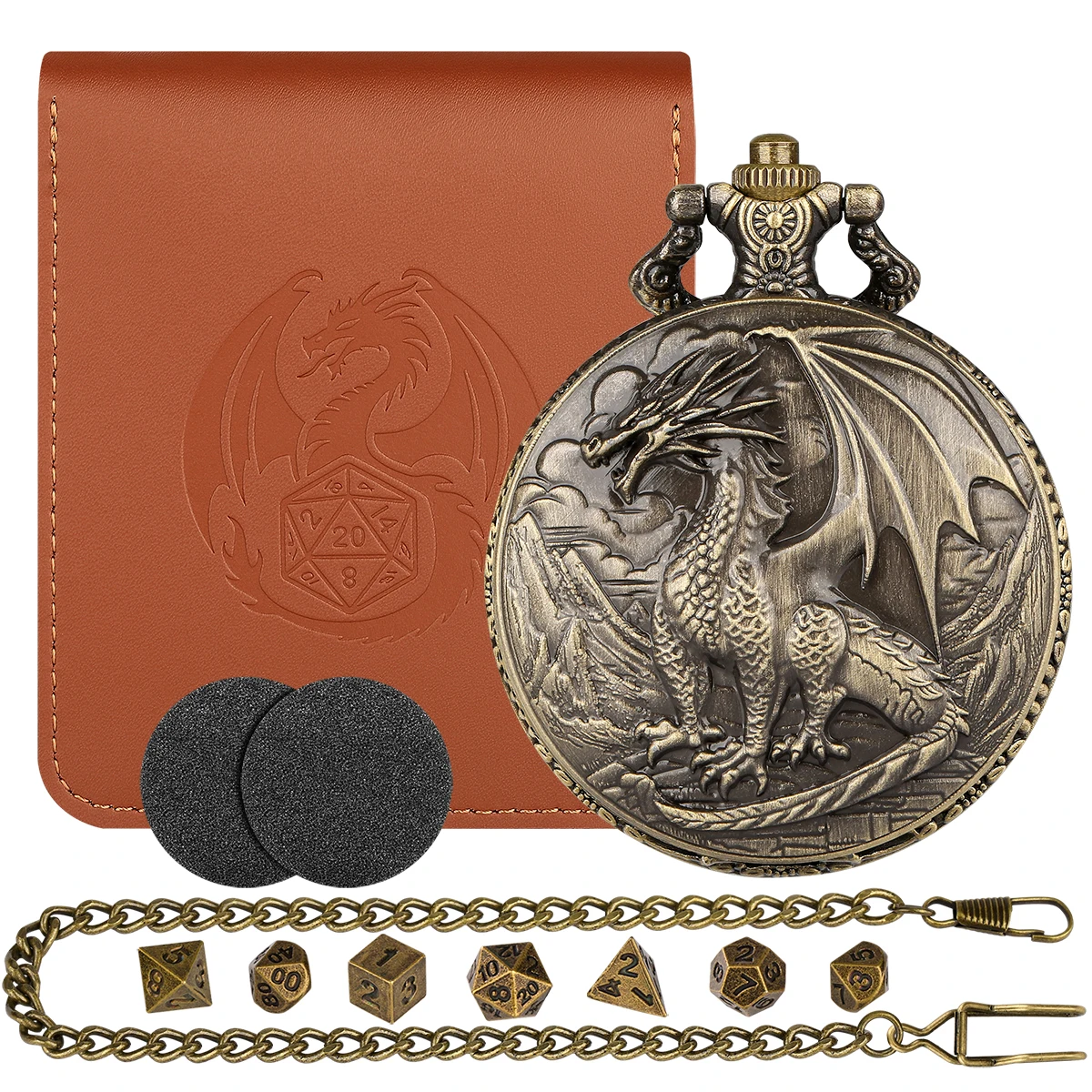 D&D Red Dragon Mini Dice Set with Steampunk Bronze Pocket Watch Shell Case 7pcs Polyhedral Metal DND Dice Leather Gift Bag
