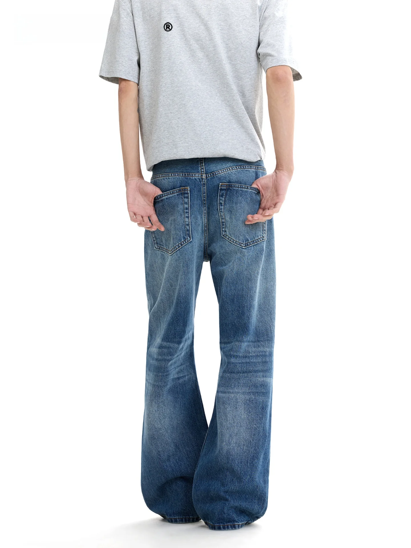 Sdmade American Retro Washed  Jeans Men Spring Loose Wide Leg Casual Pants Wear Resistant Cotton Polyester Blend