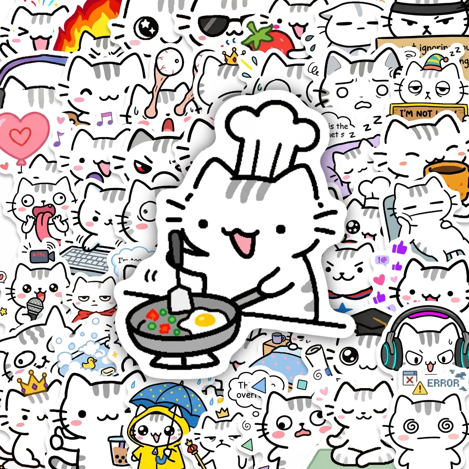 50Pcs Cartoon Line Drawing Basil Cat Stickers Cute Face Fun Cat Decals Decorate Notebook Phone Scrapbook Student Scrapbook Decal
