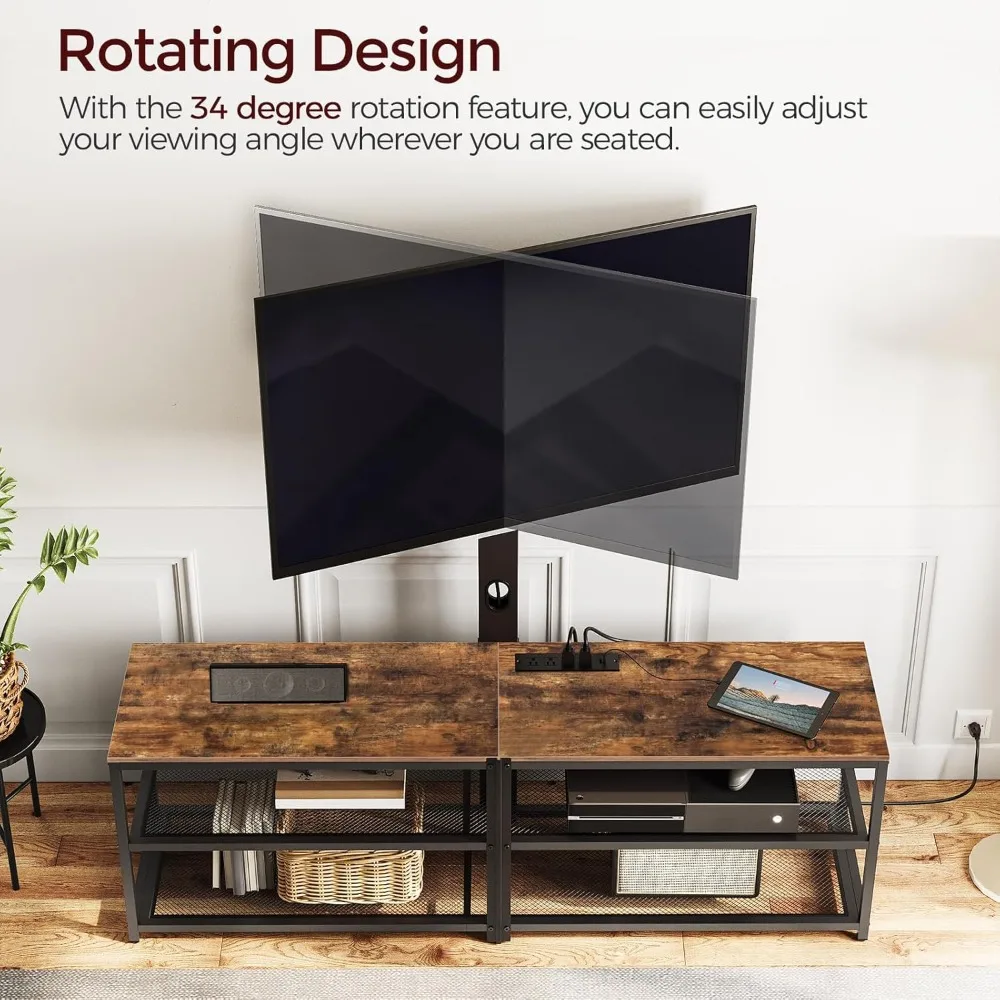 حامل تلفزيون دوار لأجهزة التلفاز مقاس 75 بوصة: مركز ترفيهي مزود بـ 4 منافذ طاقة وحامل