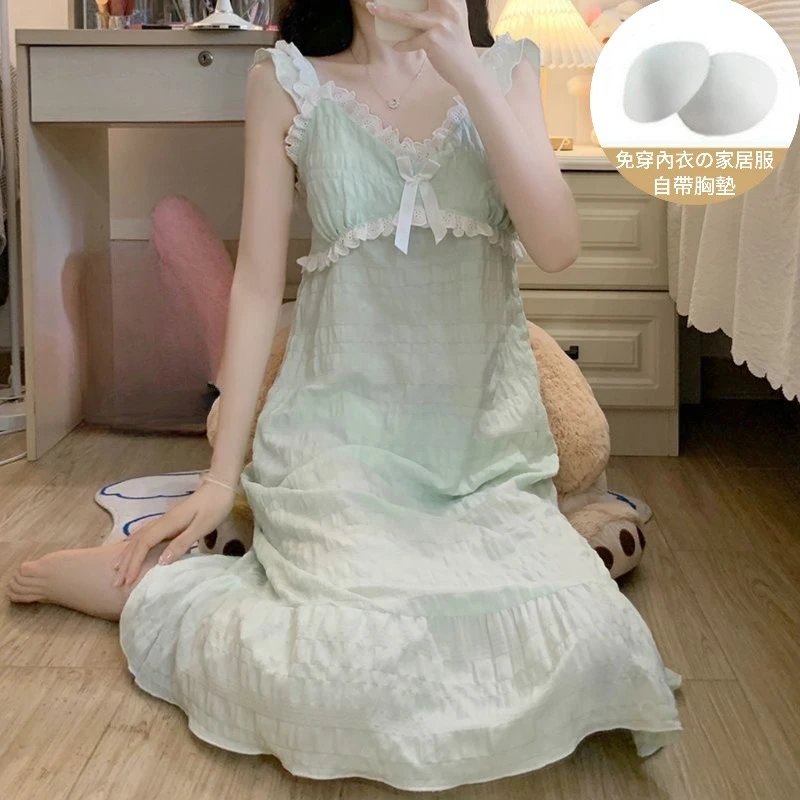 Women Summer V-Neck Padded Nightgown Girls Solid Color Lace Homewear Student Lady Cute Loungewear Clothes Woman Casual Sleepwear