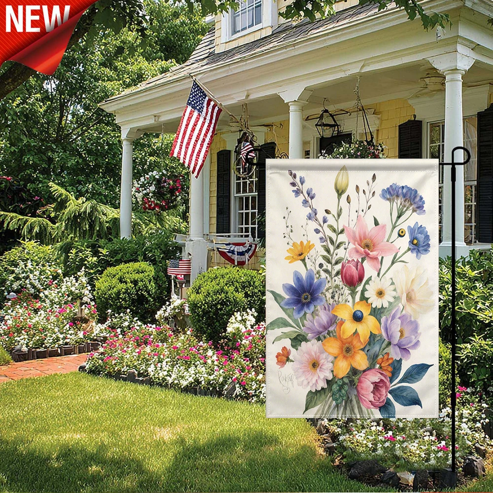 

1PC, Watercolor Wildflower Bouquet Garden Flag Colorful Floral Outdoor Yard Decorative Flag