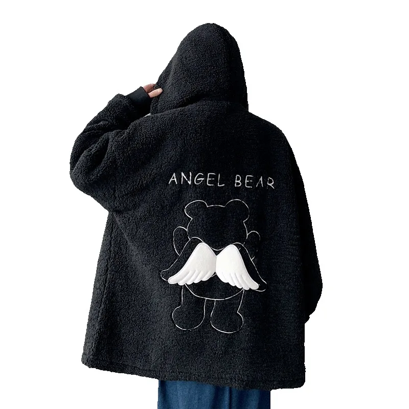 Y2K Fashion American New Bear Wings Lambswool Gothic Punk Style Loose Hooded Korean Fashion Couple Coat For Men And Women Clothe