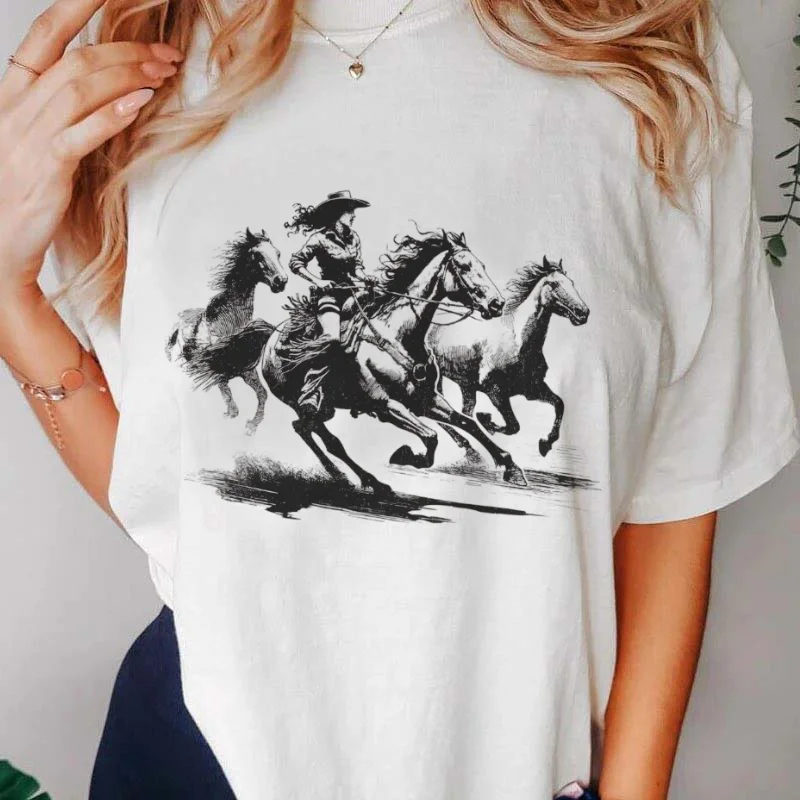 Casual T-Shirt Fashion Women's Pattern Western T-Shirt Short Sleeve 90s Clothing Printed Women's Round Neck Regular T-Shirt