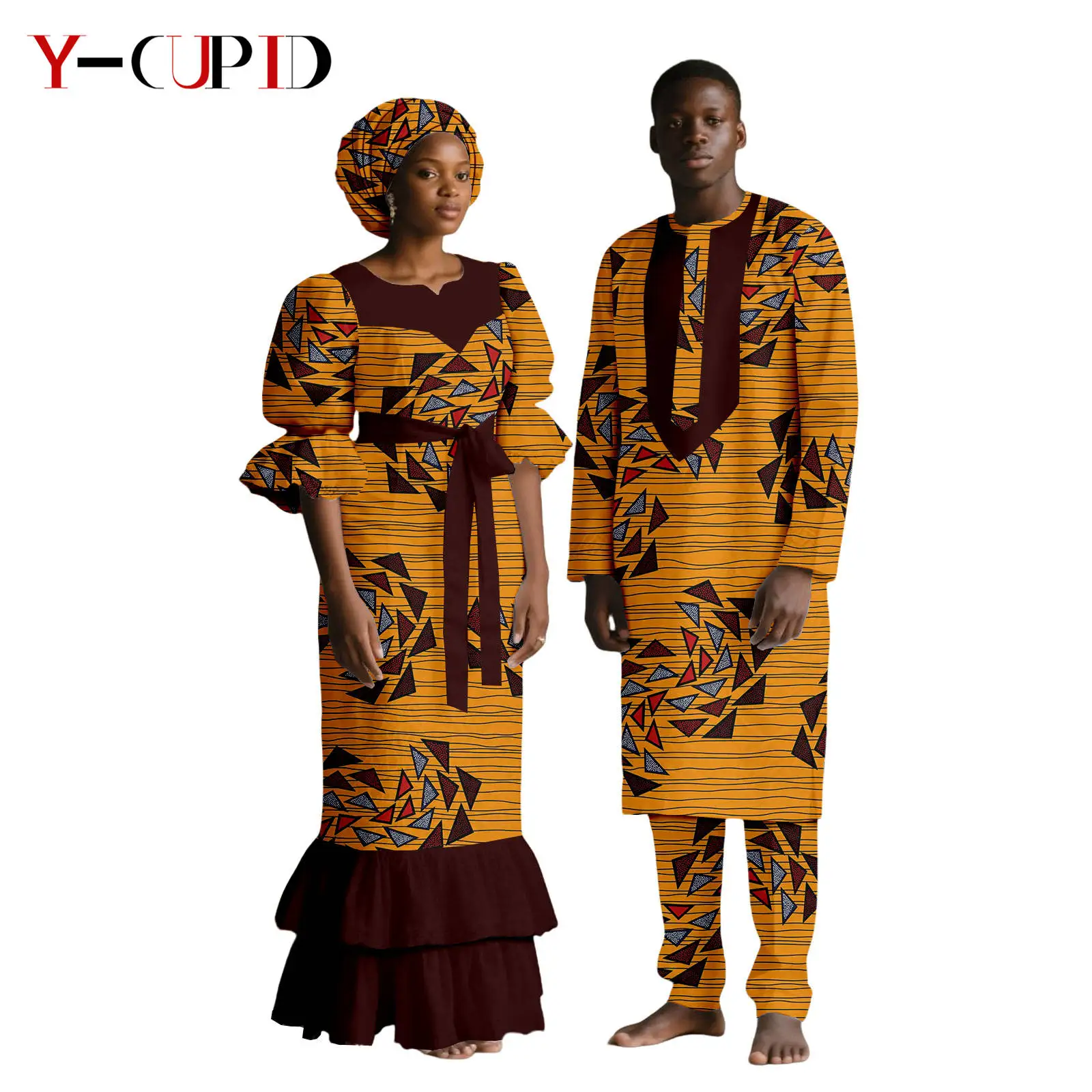 فساتين مطبوعة أفريقية مع غطاء للرأس للنساء أطقم ملابس علوية وسراويل متطابقة للرجال ملابس بازان الثراء الأفريقية للزوجين 25C079 #4
