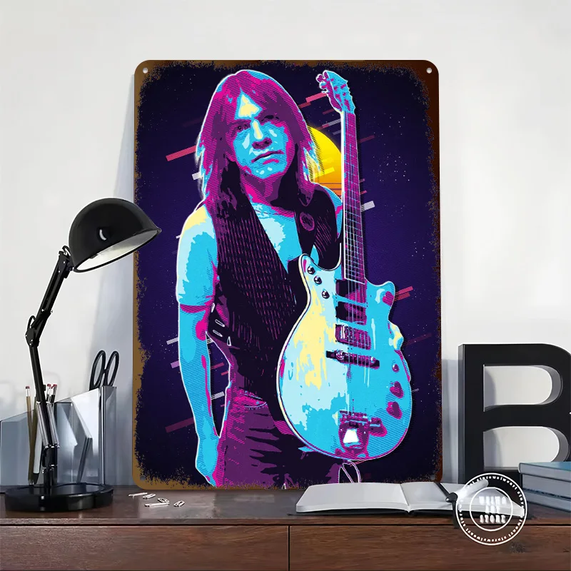 Malcolm Young 80s Rock Guitarist Poster Retro 3D Printed Metal Signs Customized Wall Hanging Gift for Room Decoration Items Art