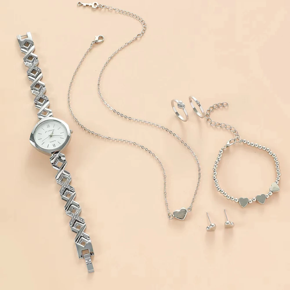 Conjunto de reloj de cuarzo para mujer, pulsera de moda, conjunto de joyería femenina, 5 piezas, collar, pendientes, anillo, relojes, regalo con caja