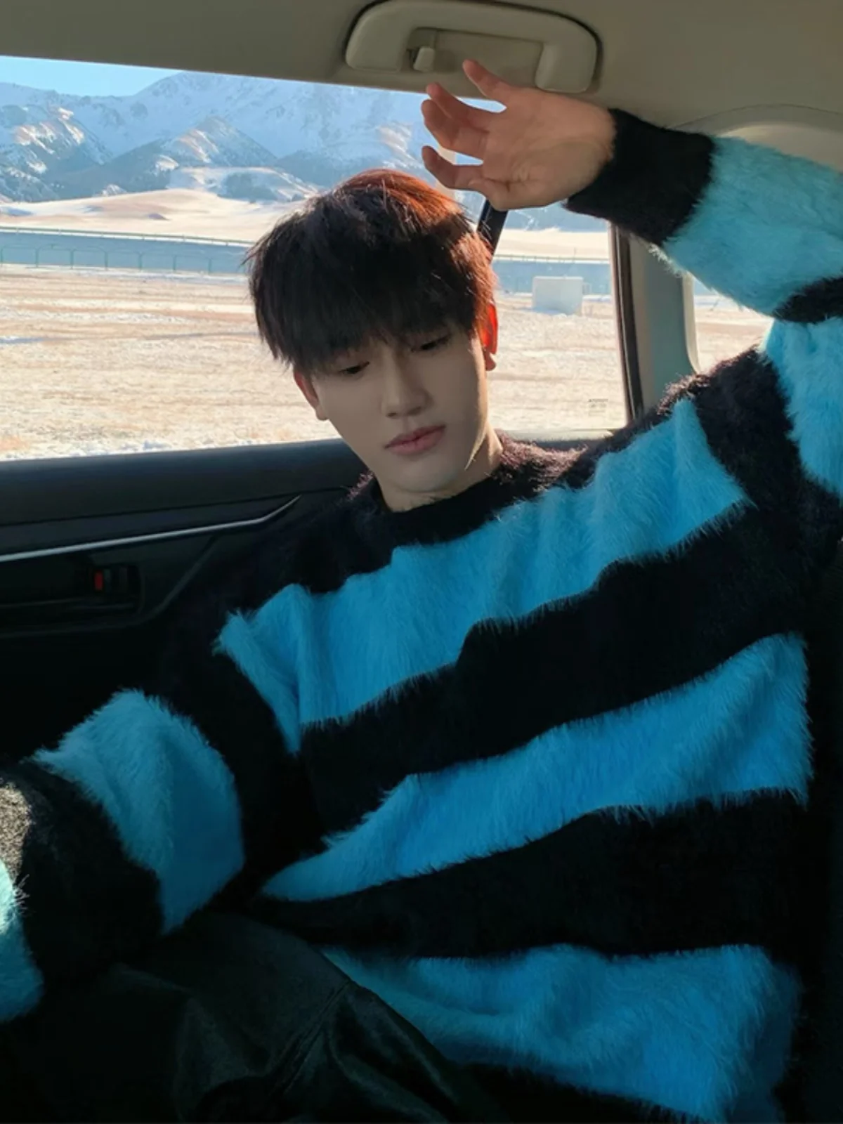 

Мужской свитер из мериносовой шерсти с узором Fair Isle, в полоску, с цветовыми блоками, осенне-зимний, свободного кроя, с круглым вырезом