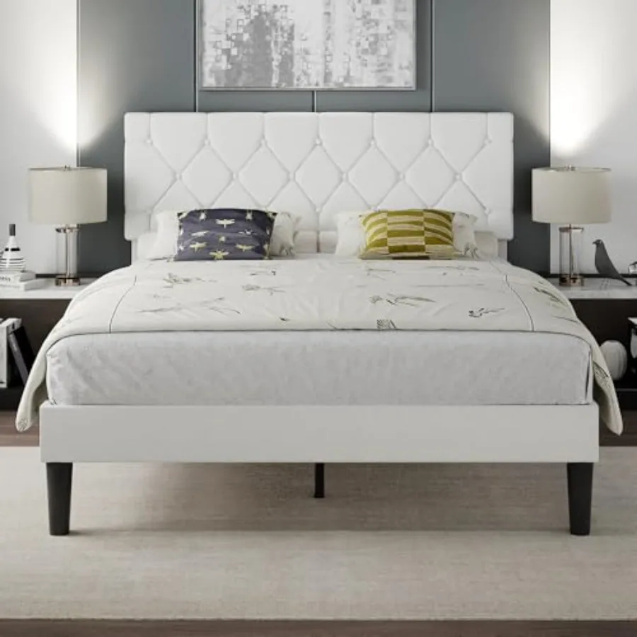 

Full Size Bed Frame with Button Tufted Headboard Upholstered Platform with Wooden Slat Support No Box Spring Needed White