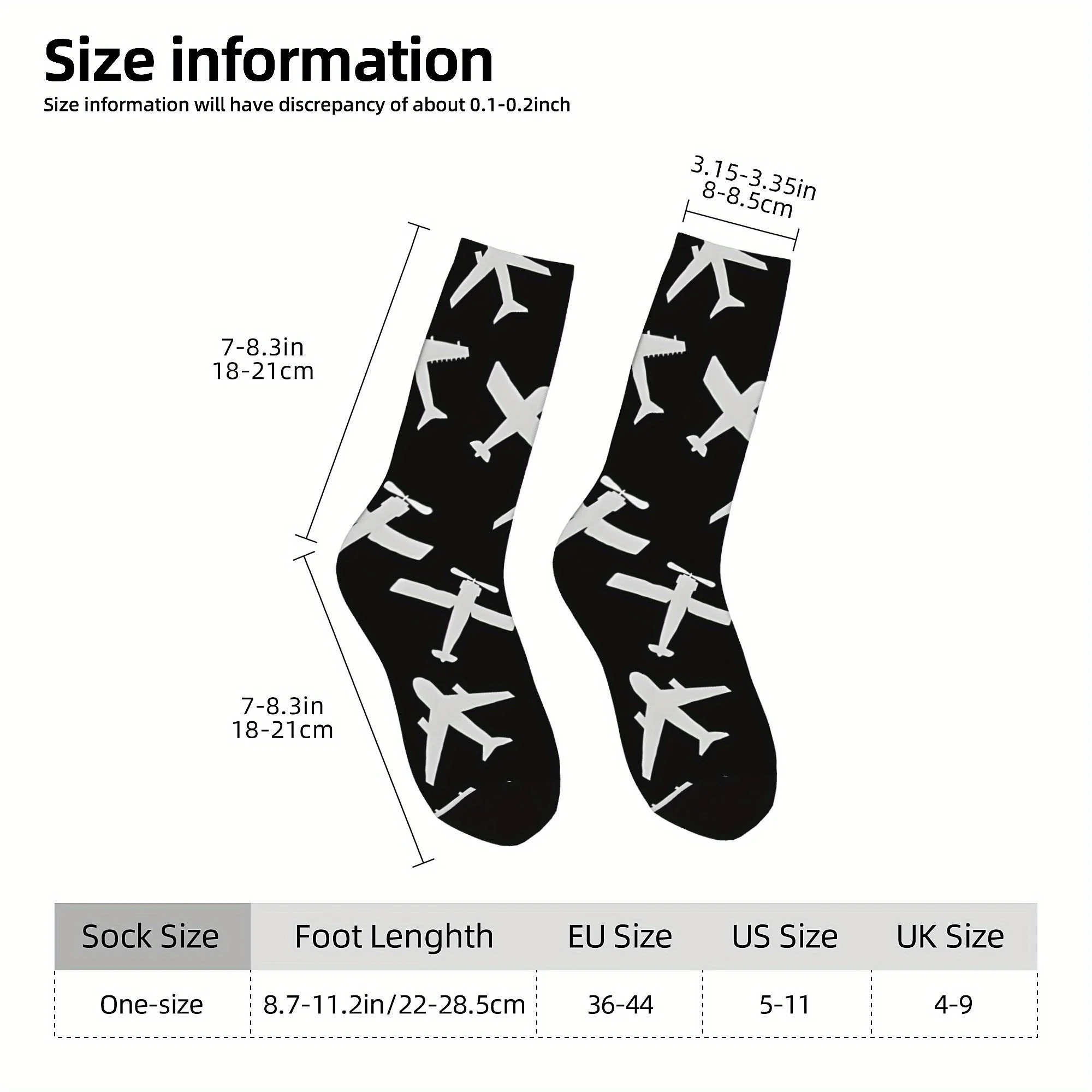 1 Pair Men'S Novelty Airplane Print Crew Socks, Polyester Blend (95% Polyester, 5% Elastane), Knit Fabric, Compression,