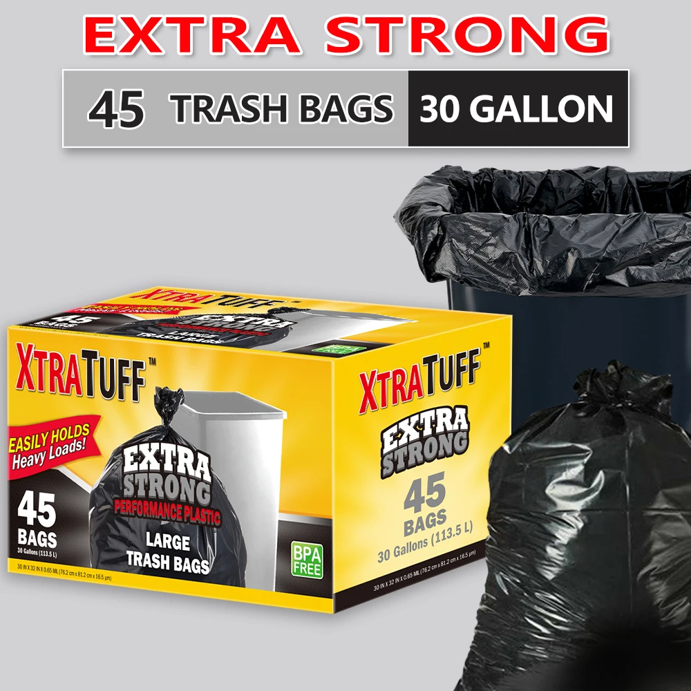 

Xtratuff Trash Bags 30 Gallon Black Large Trash Bag Garbage Bags Heavy Duty 45 Count