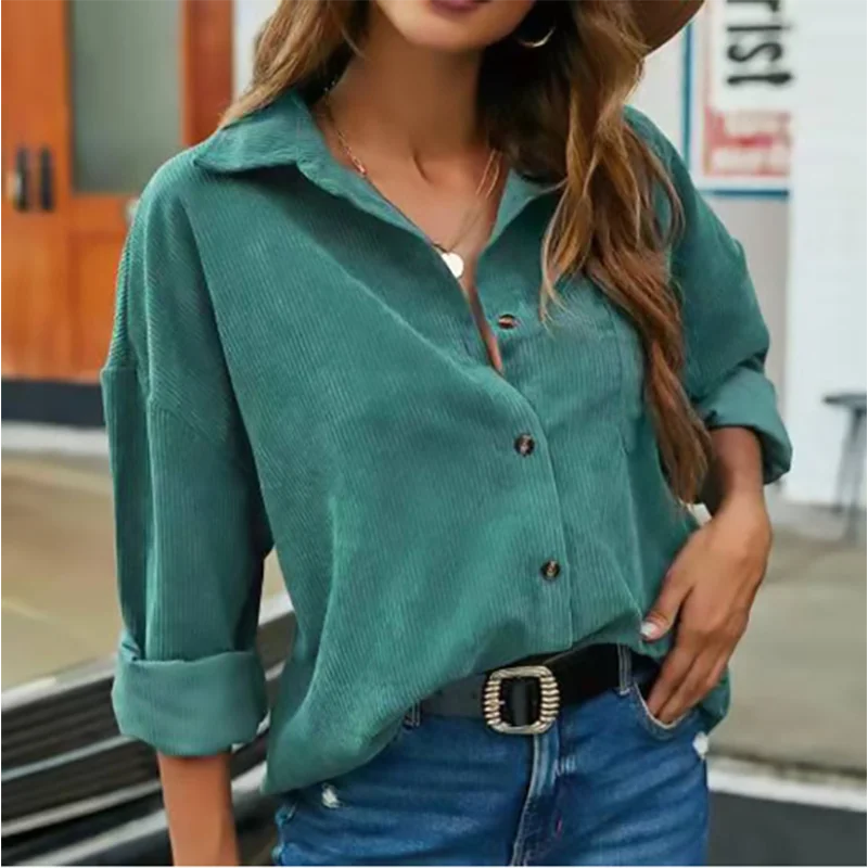 

lapel Solid Color Long Sleeved Button Elegant Women's Shirt Street Fashion Daily Office Commuting Style Spring Top