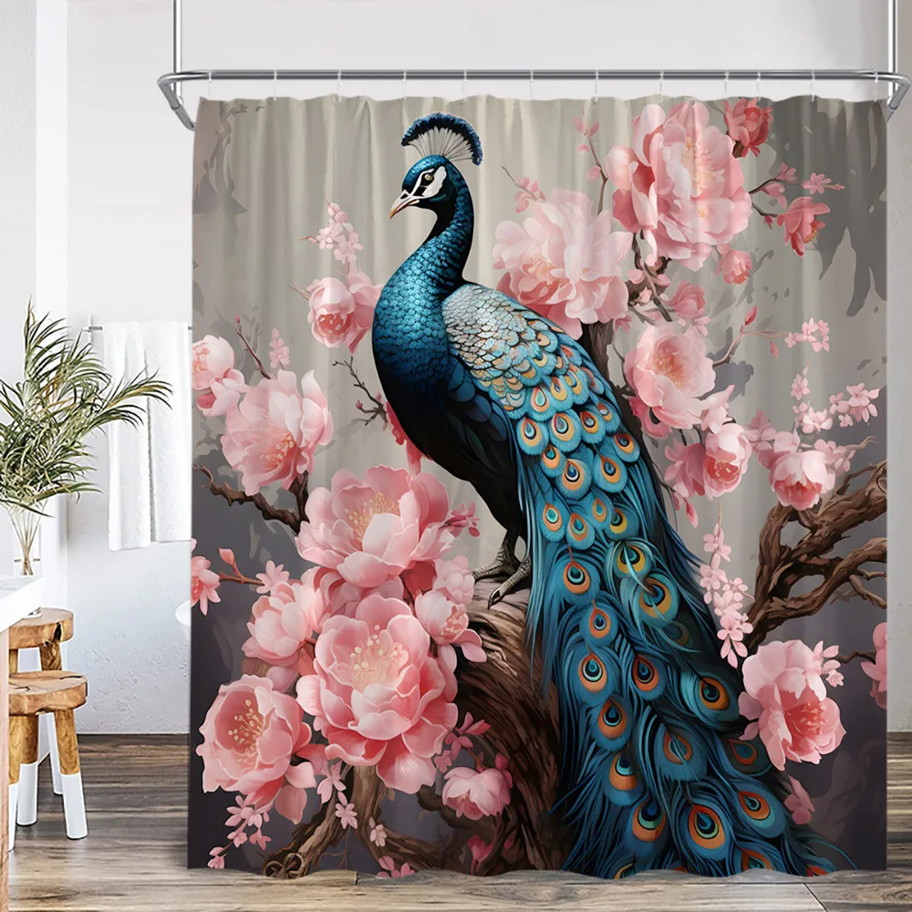 Peacock Oil Painting Shower Curtain Elegant Beautiful Bird Animal Printed Bathroom Decor Floral Plant Bathtub Curtain with Hook