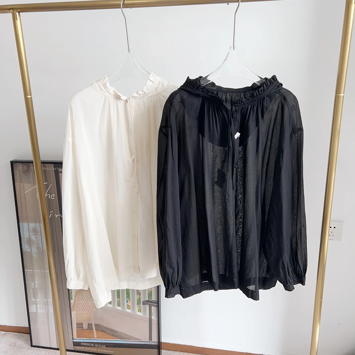 

Mildred Casual Lightweight Long Sve irt Loose Fit Hat Collar Lace Trim Spring Summer Autumn Faion Ladies' irt