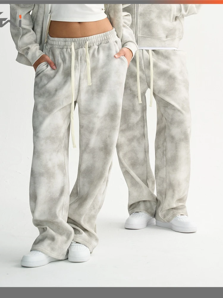 بنطال رياضي رجالي ملابس الشارع رمادي التعادل صبغ الصوف الثقيل الرباط فضفاض صالح مستقيم الساق عادية ريترو الخريف الشتاء الاتجاه الزي #4