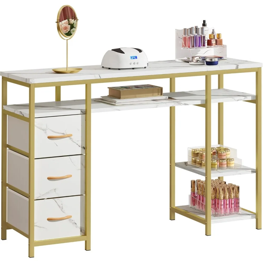 

Nail Desk, Manicure Table Nail Station, Marbling Texture Manicure Desk with 3 Drawers, Acetone Resistant Nail Tech Desk