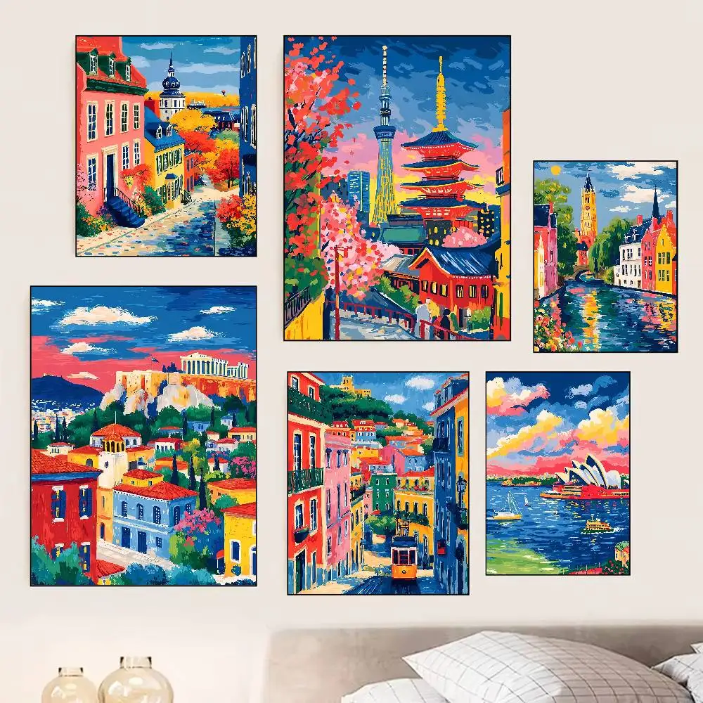 Urban Landscape Paintings Colorful Scenes Poster Self-adhesive Art Room Entrance Restaurant Wall Decor Art Painting