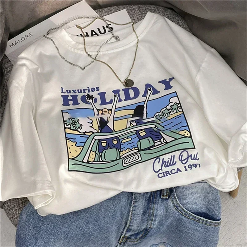 Retro-Amerikanisches Damen-T-Shirt, Sommer-Kurzarm-Oberteil, schickes weißes, trendiges Rundhals-T-Shirt mit Print, Damenbekleidung – Detail 3