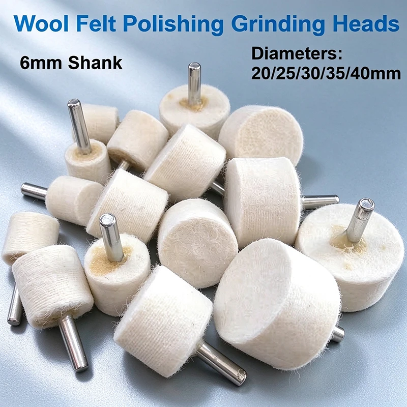 6mm Shank Wool Felt Polishing Buffing Wheel, 20mm 25mm 30mm 35mm 40mm Mounted Grinding Head for Drill Rotary Dremel Tools
