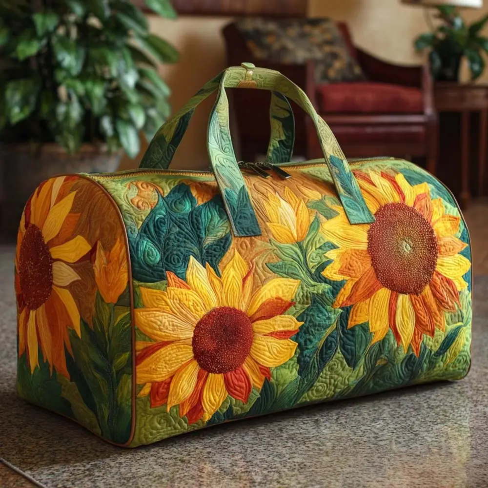 Sunflower Quilted Duffle Bag Botanical Yellow Flower Print Travel Bag,Lightweight Carry on Tote Bag for Travel Yoga Gym Sports