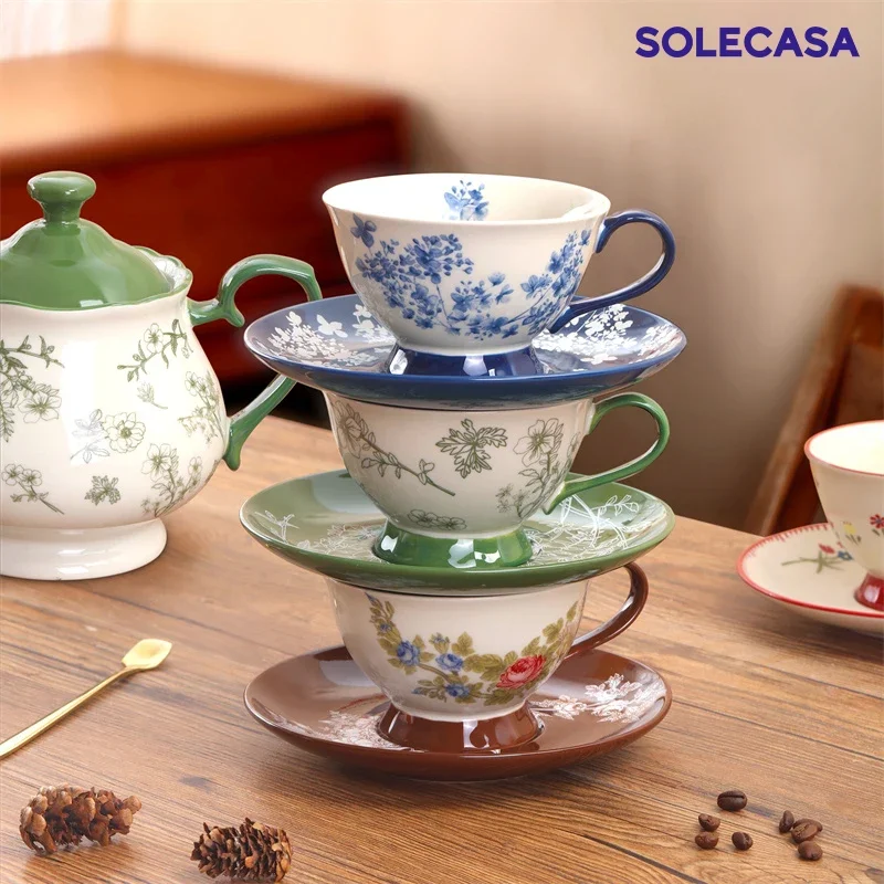 SOLECASA 220 مللي فنجان القهوة والصحن مجموعة أنيقة الرجعية زهرة السيراميك القهوة القدح كوب شاي بعد الظهر والصحن مجموعة أدوات الشاي الرومانسية