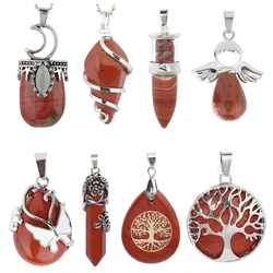 Red Jasper Stone Pendant Hexagon Waterdrop Life Tree Pattern Bullet Pendant Handmade Women Necklace Jewelry Making Accessories