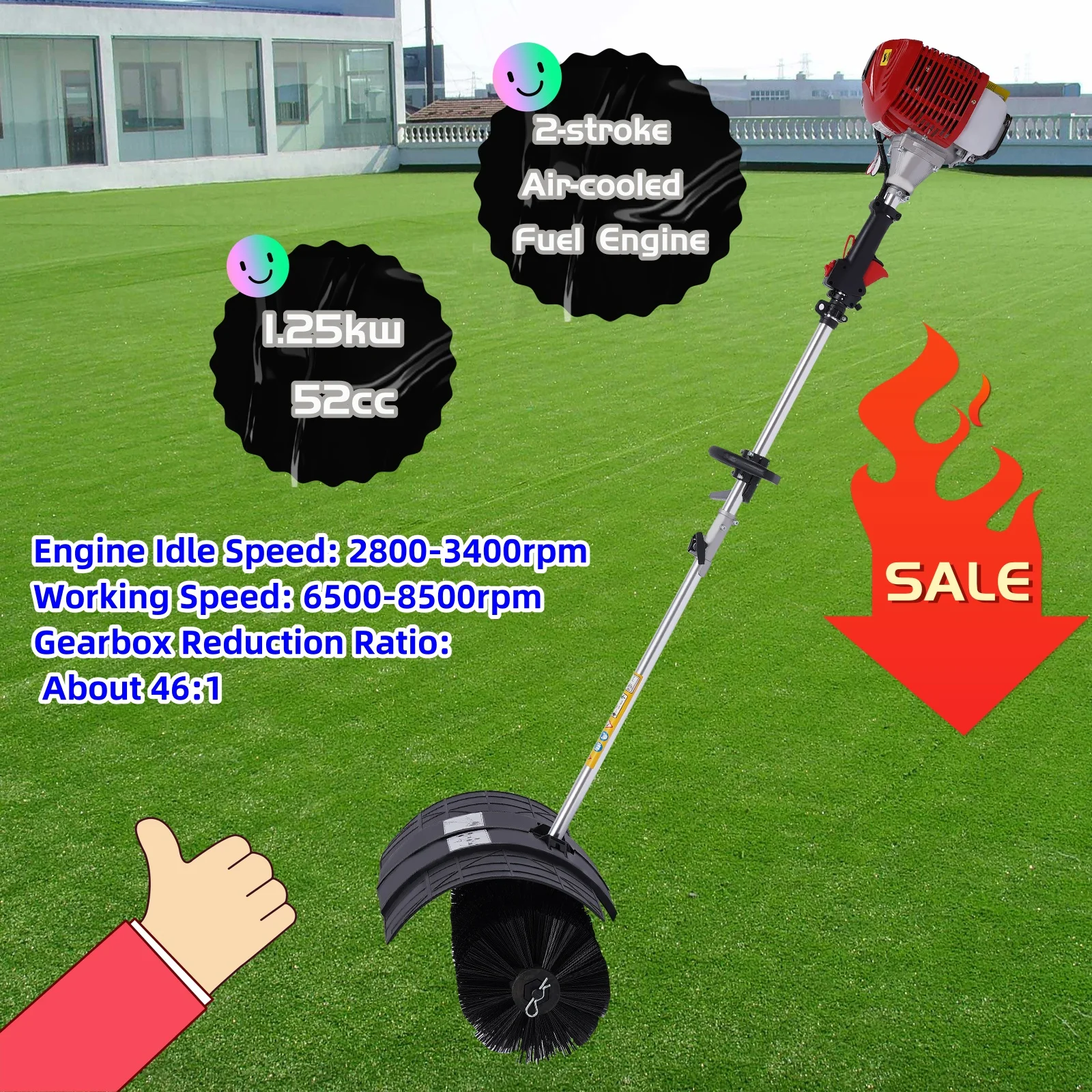 52cc Handheld Gas Power Sweeper Artificial Grass Broom Driveway Turf Snow Clean