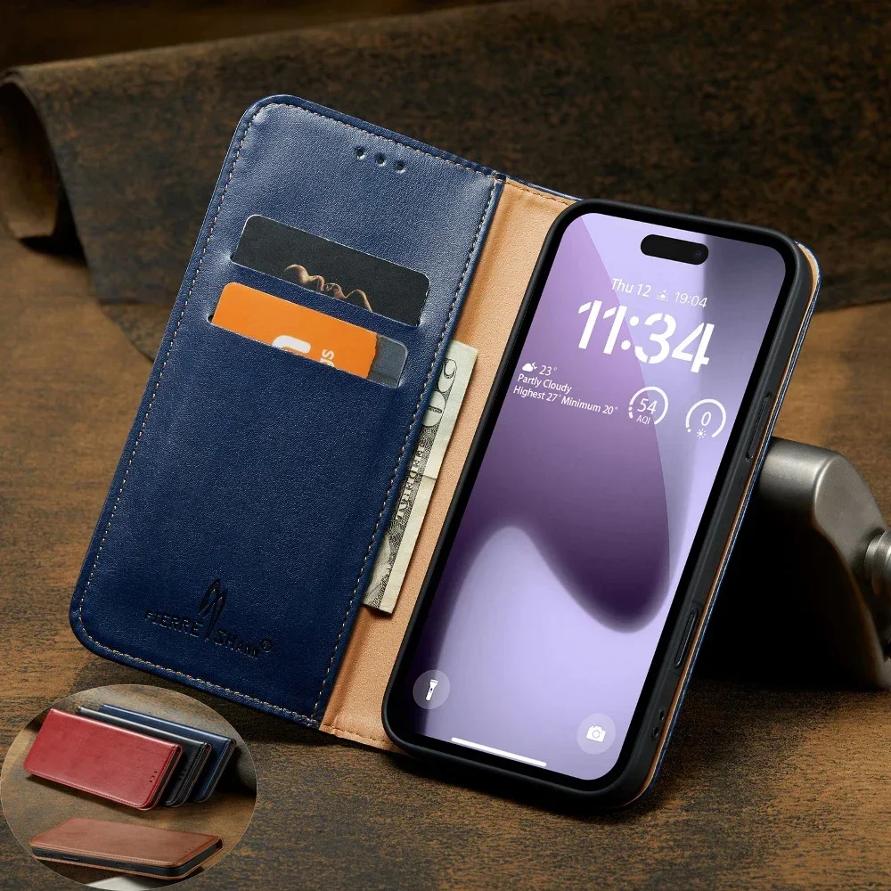 

Solid Color PU Leather Magnetic Flip Cover for iPhone 17 Air 16 15 14 Plus 13 12 Mini 11 Pro Max with Soft Protective Case