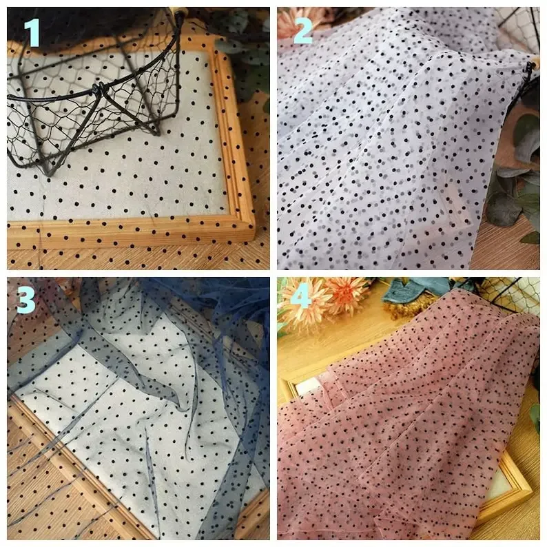 

Black Dot Flocked Lace Fabric Polka Dot Flocking Embroidered Tulle Fabric For Girl Dress Tutu Dress Wedding Dress Bridal Veil