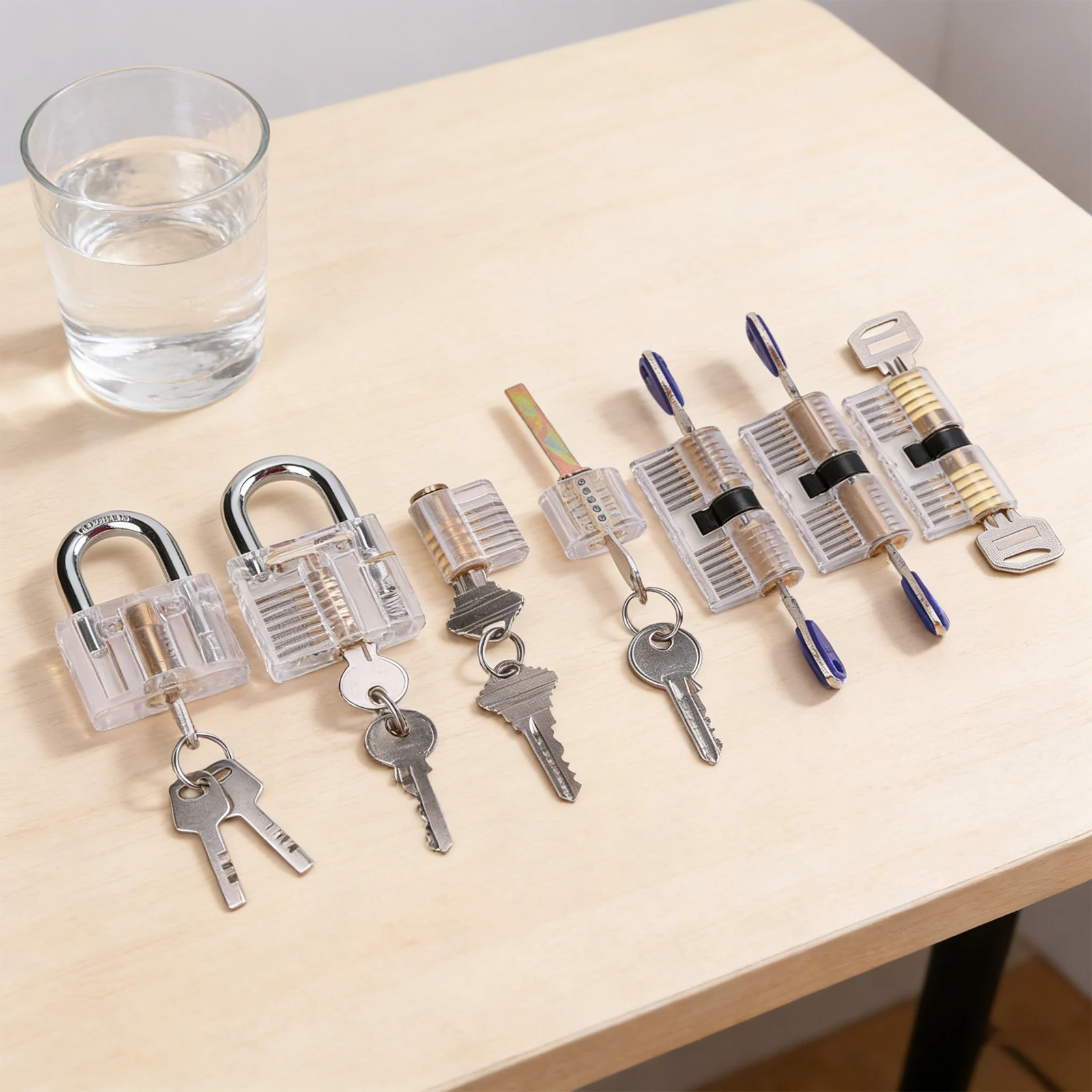 7PCS Visible Practice Padlock with 14 Keys Locksmiths Transparent Locks Practice Lock Set for Beginner and Locksmiths Training