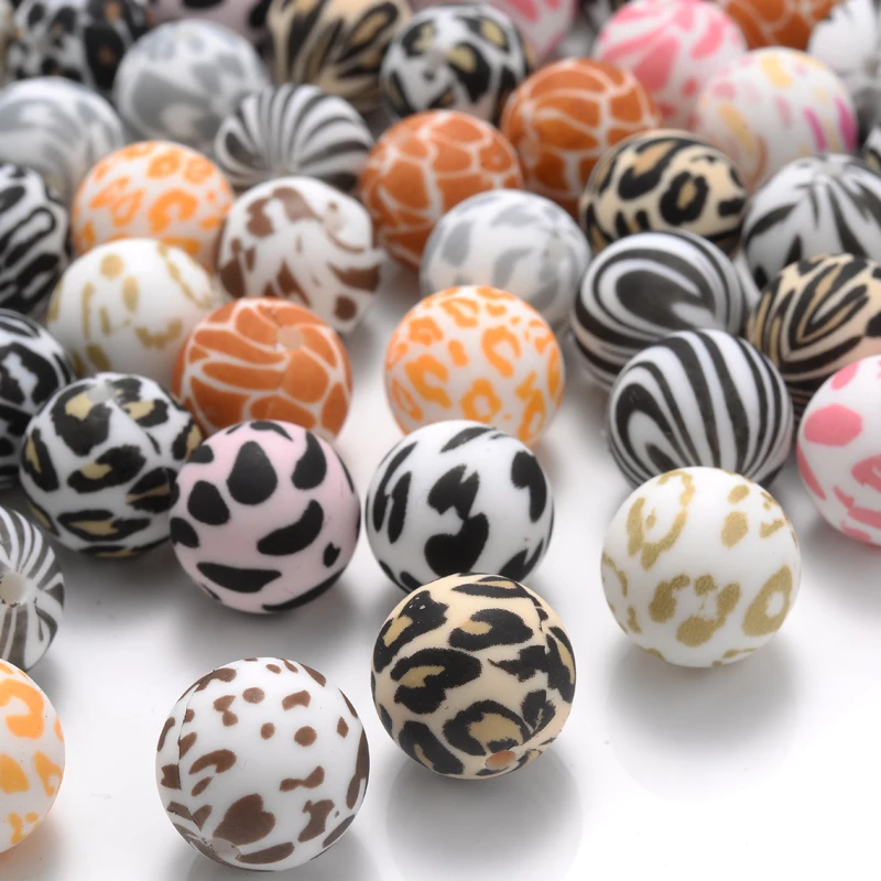 Cuentas de silicona con estampado de leopardo para bebé, abalorios redondos espaciados sueltos para morder, accesorios de cadena para chupete, fabricación de joyas DIY, 15mm, 10 piezas