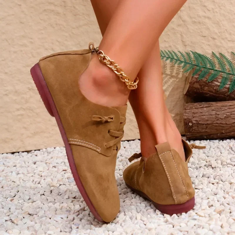 Frühling Flock Lace Up frauen Flache Schuhe 2025, Neue Runde Kappe Weichen Boden Schuhe Damen Outdoor Casual Wohnungen Frauen zapatos Mujer