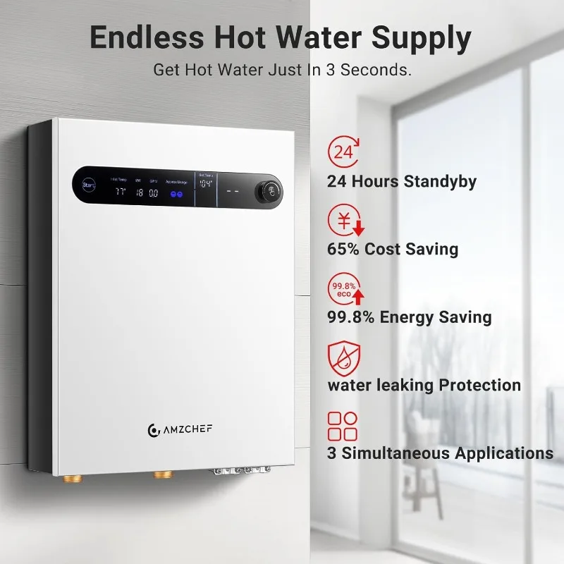 AMZCHEF Tankless Water Heater Electric 27kW 240V on Demand Instant Endless Water Heater with LED Temperature Display