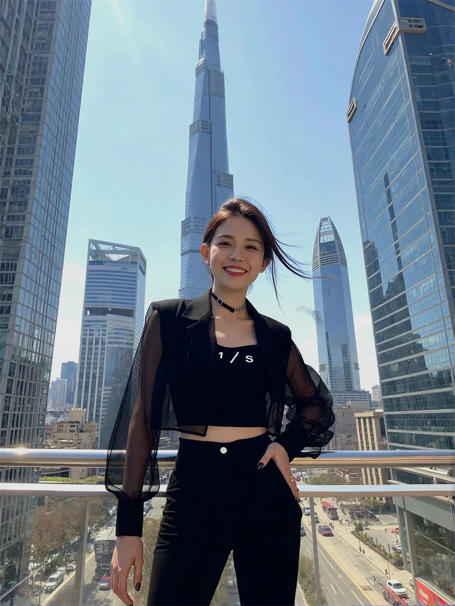 

Sun-proof Cropped See-through Back-Slit Blazers For Woman With Designs Clothes Women Flowers Appliques Waisted Matching Lady'S