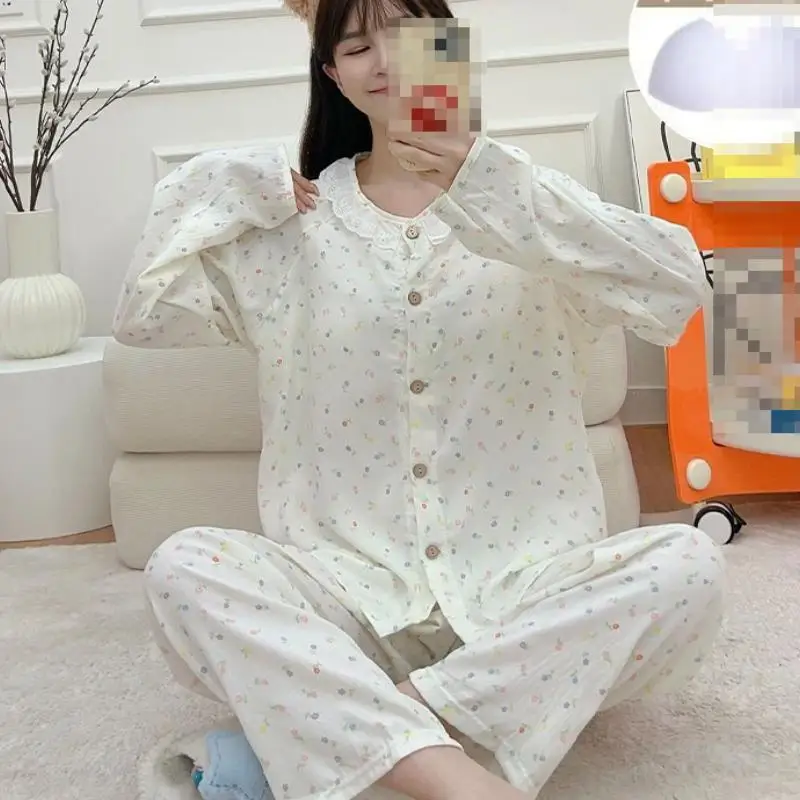 Long Sleeved Long Pants Pajama Set for Girls In Spring Autumn New Korean Style Lace Princess Style Home Clothes Two-Piece Set
