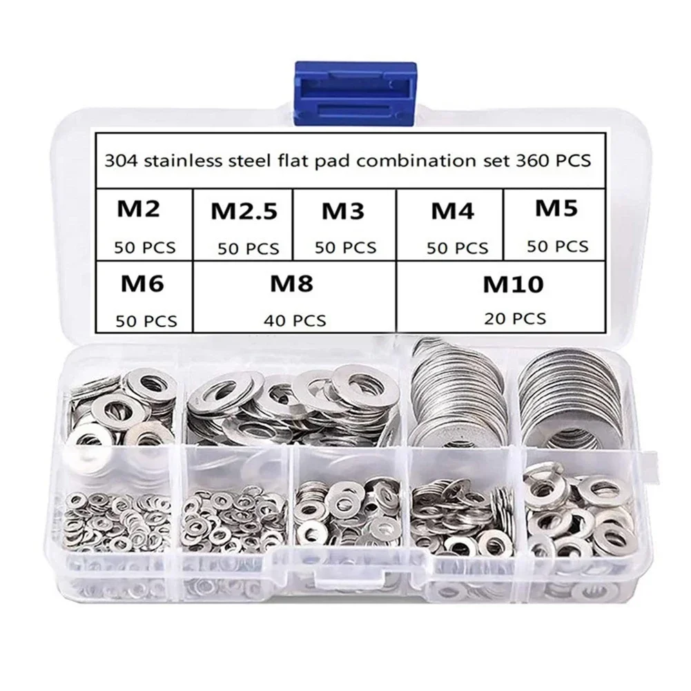 360pcs Stainless Steel Flat Washer Plain Gasket Rings Assortment Kit M2-M10 Flat Washers And Lock Washer For Fastening Tasks