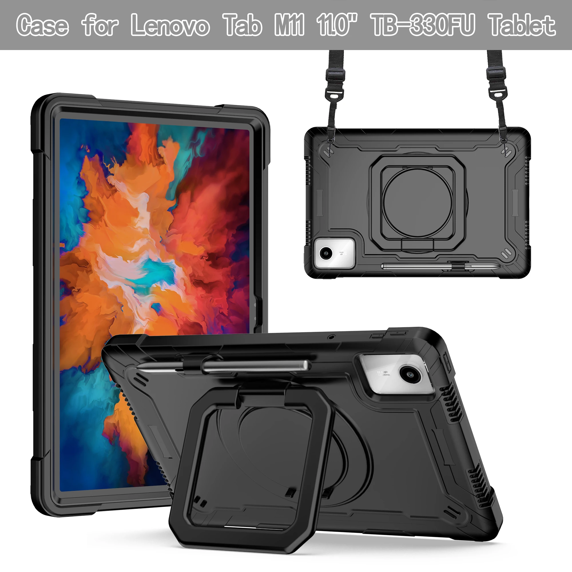 360° Rotatable Kickstand Shockproof Tablet Case For Lenovo Tab M11 TB-331FC TB-330FU Soft Silicone Stand Cover With Pen Holder