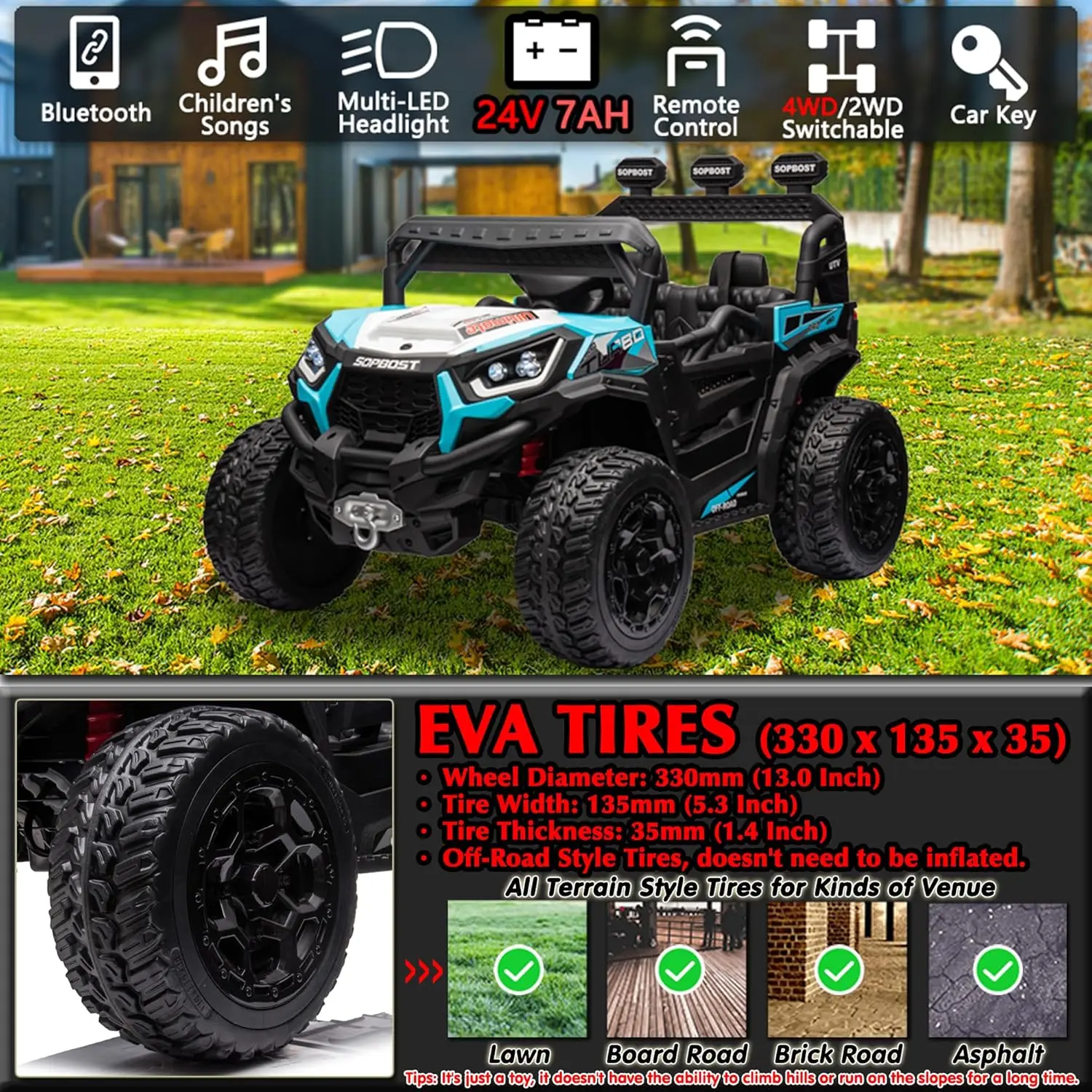 24V 7Ah Kids UTV Ride On Car with Remote Control 4WD Battery Powered Ride On Toys Off-Road Electric Car for Boys Girls, Music