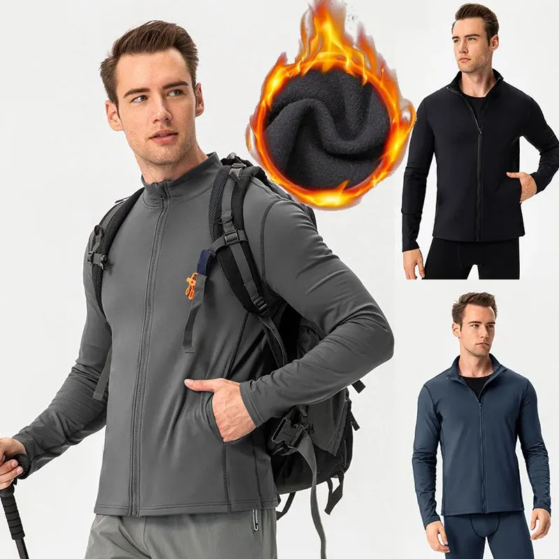 

Men autumn winter fleece sports coat warm slim zipper training running jacket outdoor fitness wear windproof Stand collarjacket