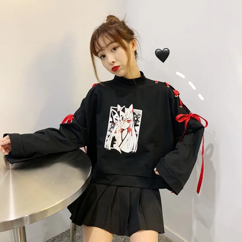 Vrouwen Harajuku Pullovers Chique Cartoon Anime Kleding Nieuwe Stand Kraag Bandage Kawaii Sweatshirts Schattige Halloween Kostuums Pullover