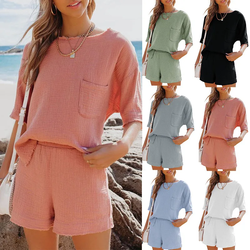 

Summer Casual Cotton Linen Pocket Sets Short Sleeve T Shirt And Elastic Shorts Two Piece Set Women Beach Solid Outfits Tracksuit