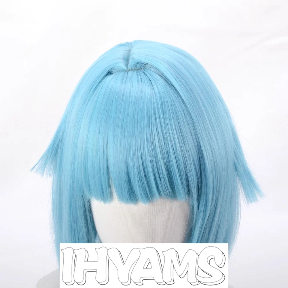 Peluca de Cosplay ES Shino Hajime, pelucas cortas de cuero cabelludo simulado azul hielo de 35cm, pelo sintético resistente al calor