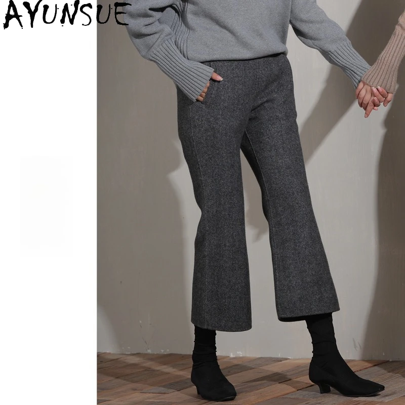 AYUNSUE سراويل صوف 2025 وصلت حديثًا سراويل شتوية للخريف سراويل نسائية عالية الخصر سراويل متوهجة للنساء جودة عالية Frauenavadiji #2