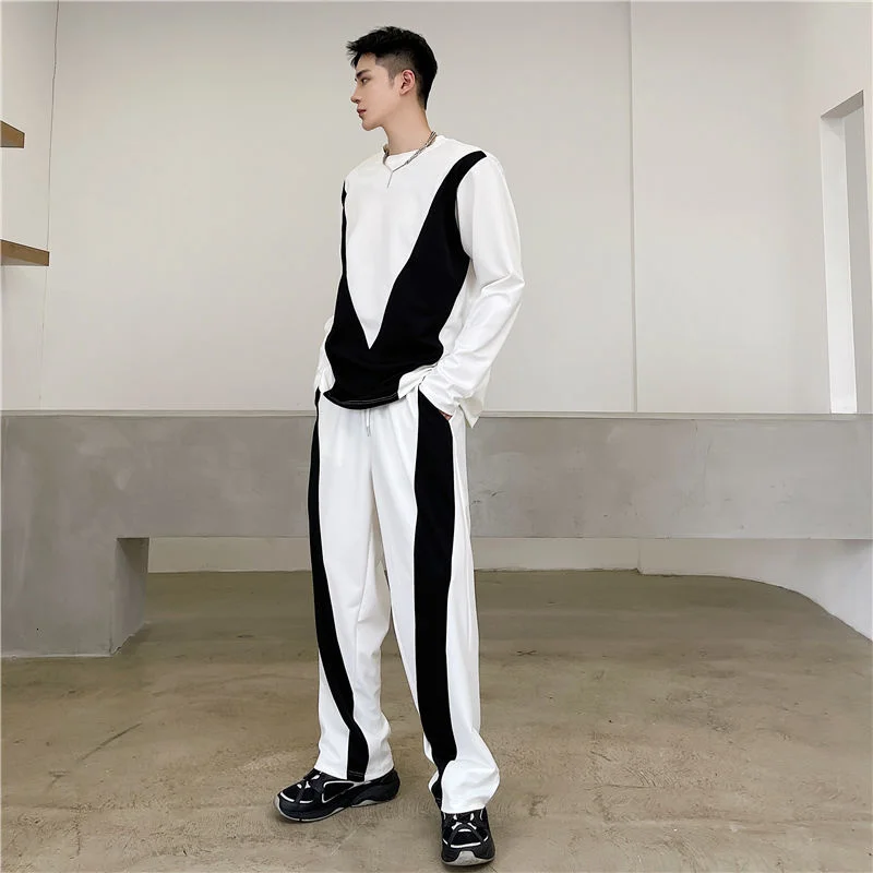 And Tops Pants Are Sold Separately 2022 Autumn Loose Black White Contrast Color Split Ong Sleeve Tops + Sports Casual Pants