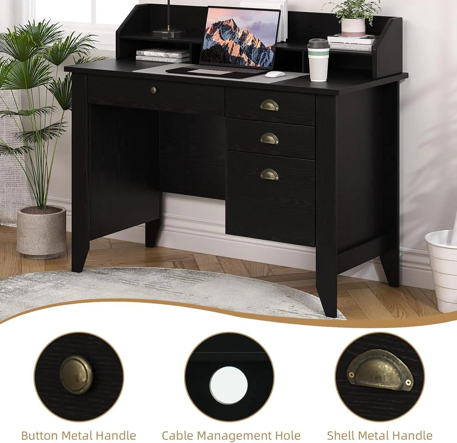مكتب كمبيوتر أسود مع أدراج وحامل شاشة، مكتب كتابة صغير لغرفة النوم والمكتب المنزلي