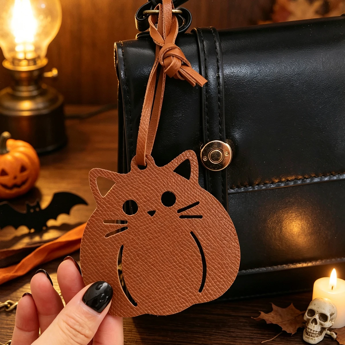 Fun Halloween Pumpkin Cat PU Leather Hanging Ornament, Retro Atmosphere Hollow Craft Pendant Portable Bag Key Charm