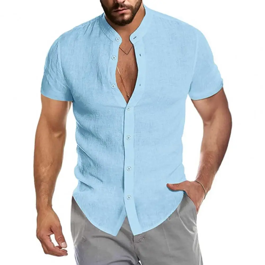 

2023 Linen Men Shirt Short Sleeve Beach Shirt Stand Collar Buttons Closure Solid Color V Neck Pockets Casual Handsome Men Shirts