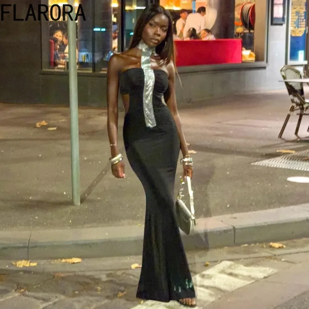 

FLARORA Luxury Chic Halter Backless Maxi Dress Woman Sexy Sleeveless Bodycon Peach Hip Dresses Evening Party Clubwear Vestidos
